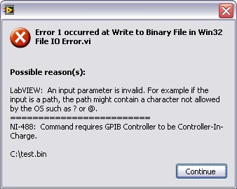 Error 1 occurred at Write to Binary File